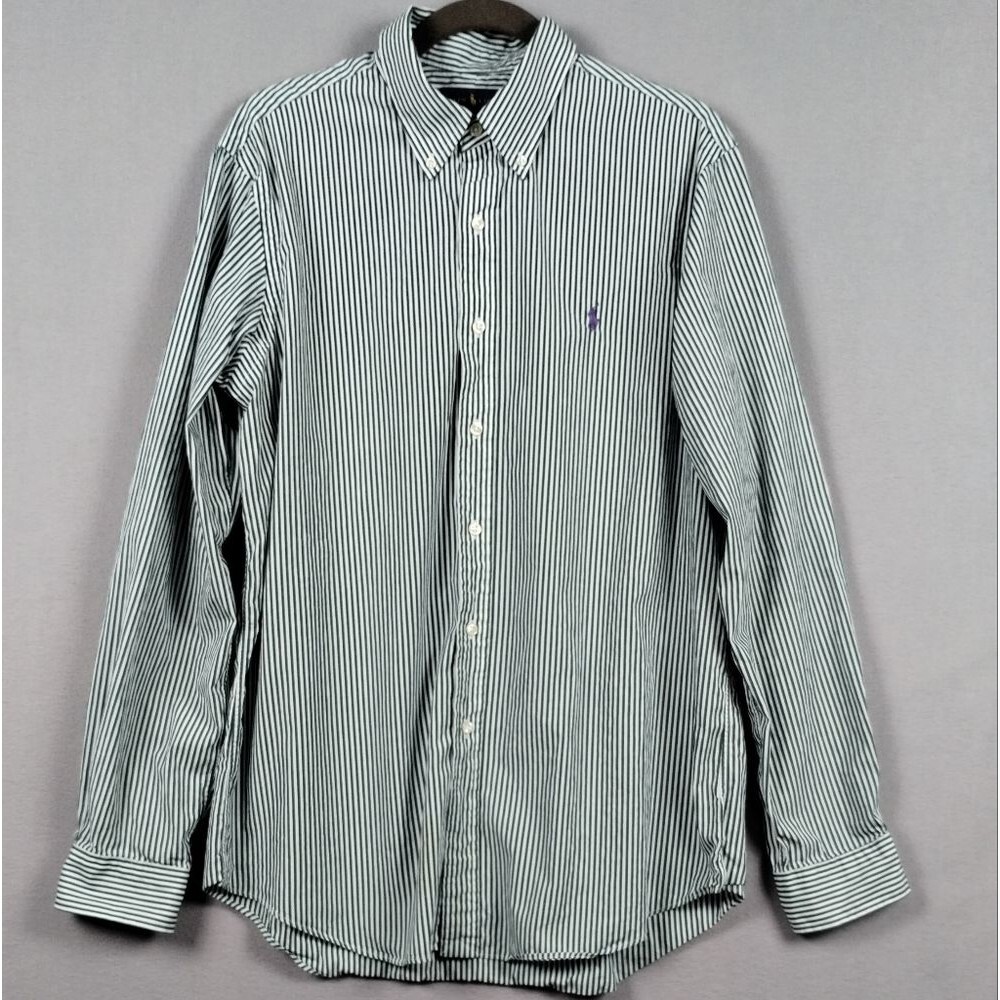 Polo Ralph Lauren Mens Large Shirt White Green Cotton Stretch Stripe Long Sleeve